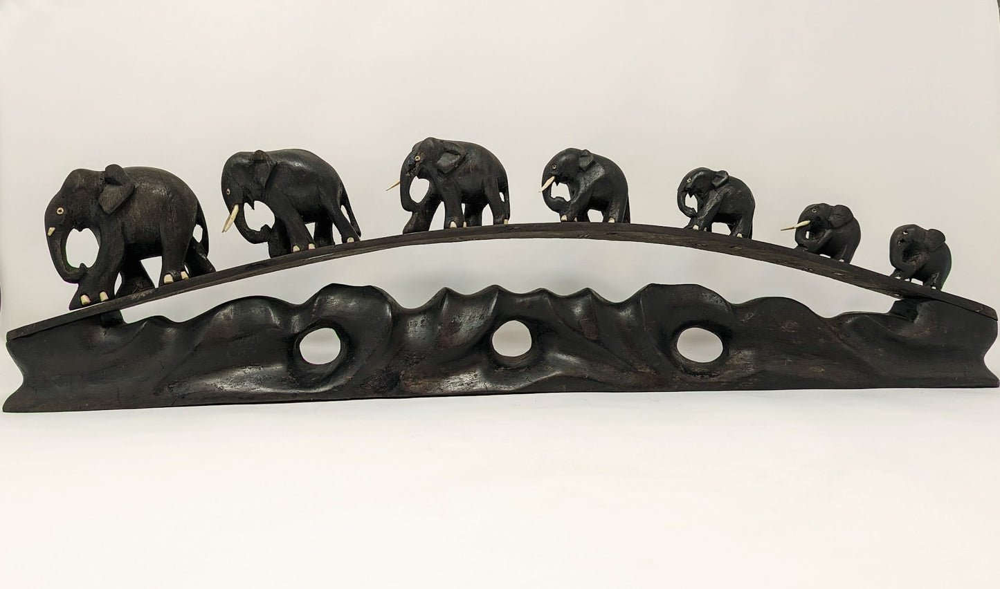 Antique Anglo-Indian Carved Teak 7 Elephant Bridge (c. 1900)