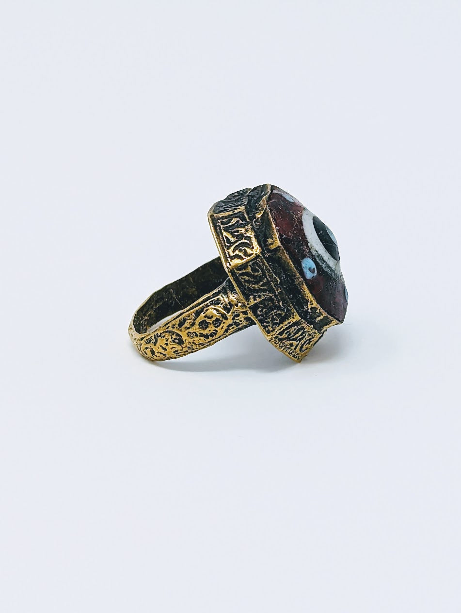 Antique Gold-Gilt Phoenician Ring with Mosaic Glass Center-Stone (c. 300 B.C.)